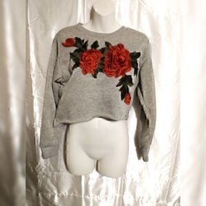 cropped embroider long sleeve pop up floral sweater size XL